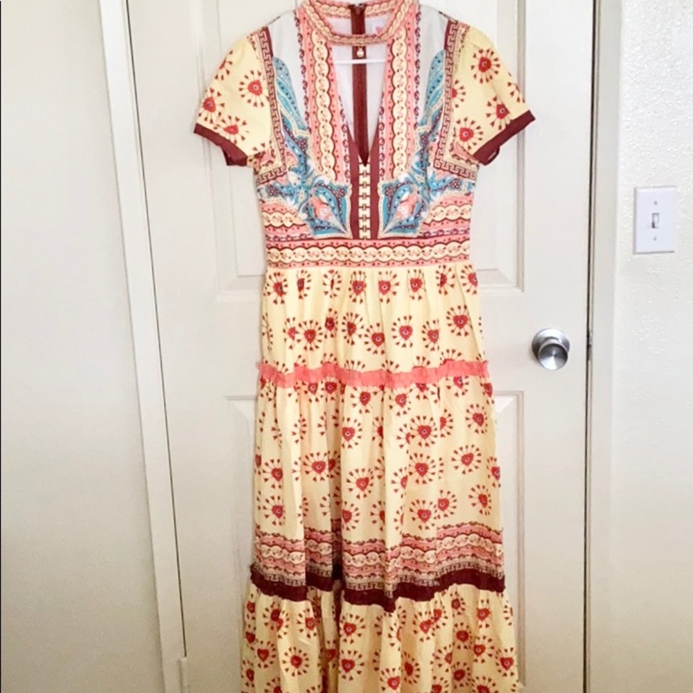 Latiste By Amy Vintage Boho Print Maxi Dress with Pearl